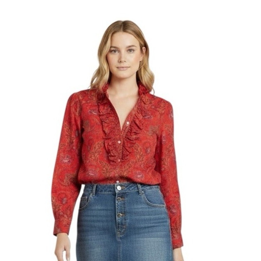 Ralph Lauren Jeans Co Paisley Ruffled Front Buttondown Shirt 1X Western Cowgirl